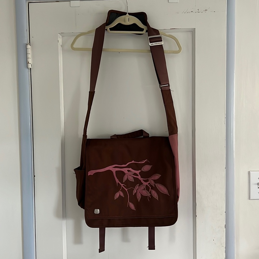 Brown and pink messenger bag